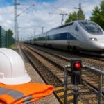 Casque et gilet de sécurité près des voies ferrées avec train à grande vitesse