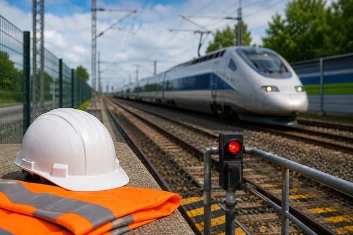 Casque et gilet de sécurité près des voies ferrées avec train à grande vitesse