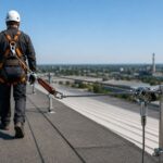 Travailleur sécurisé par une ligne de vie horizontale sur une toiture